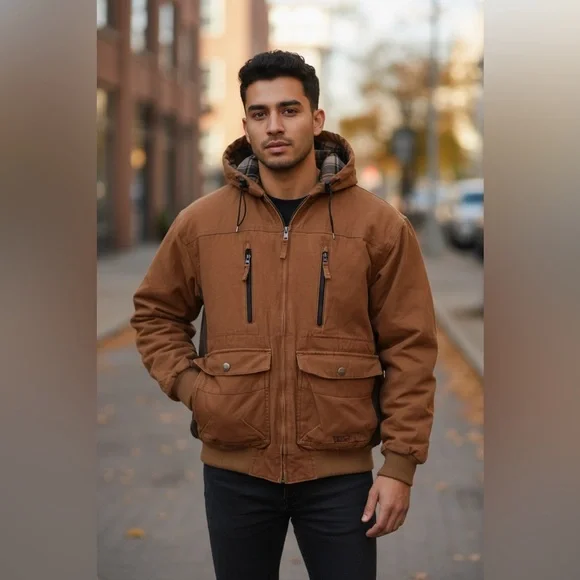 Walls Canvas Hooded Jacket XL Quilted Flannel Lined Brown Elbow Patches EnDura - Picture 1 of 14
